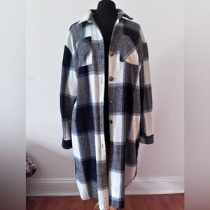 SHEIN Plaid Coat in Blue and White